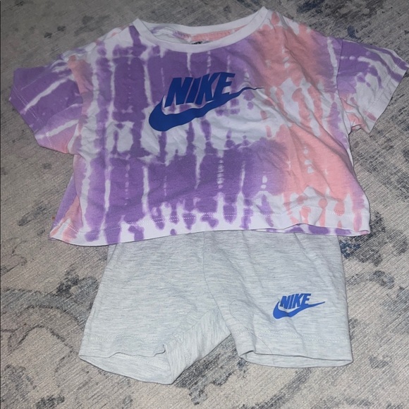 Nike Purple and Pink Tie-Dye Tee with Gray Shorts - Picture 1 of 2
